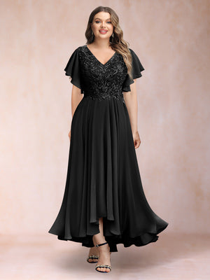 A-Line/Princess V-Neck Short Sleeves Long Plus Size Evening Dresses with Appliques