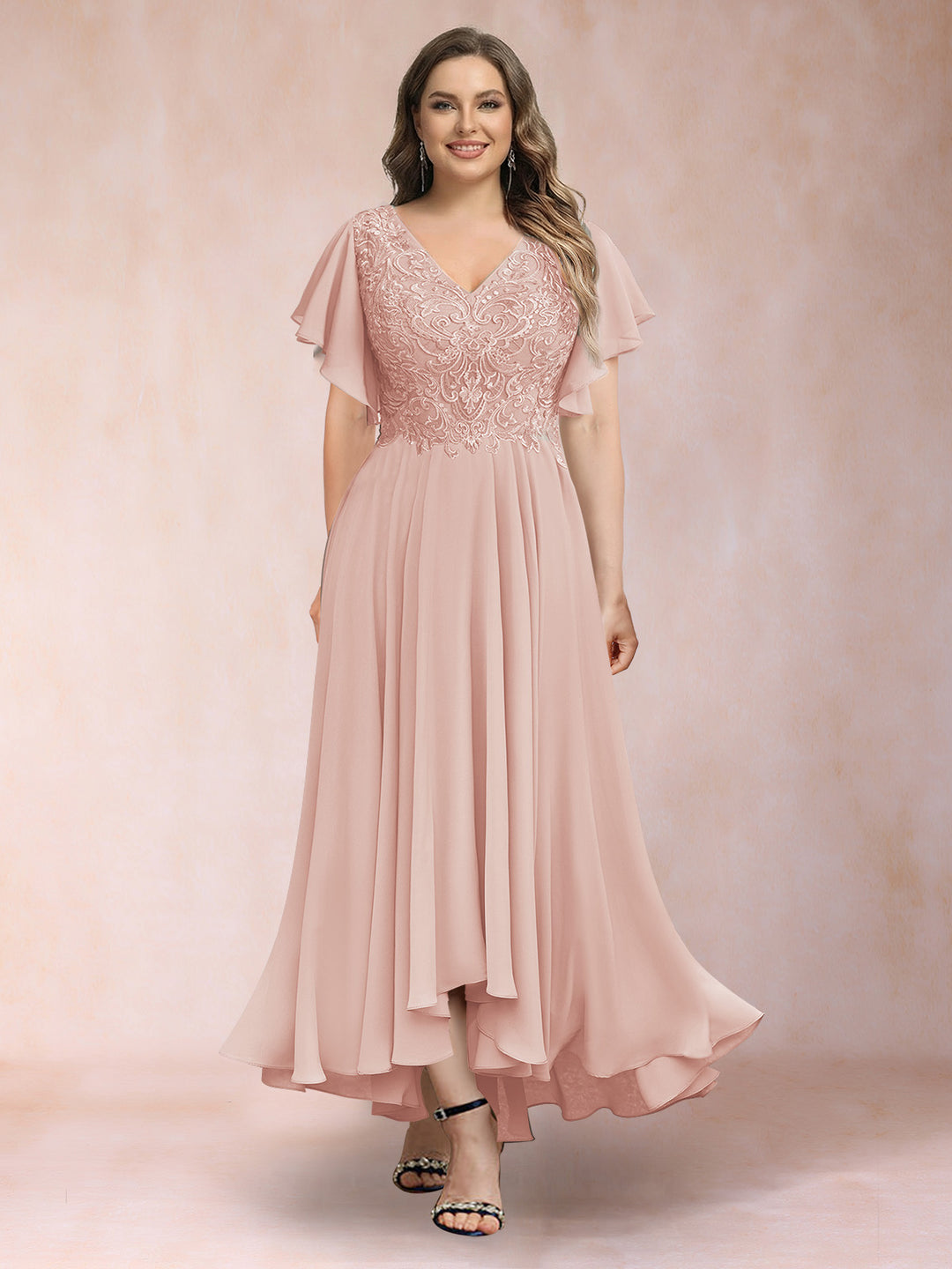 A-Line/Princess V-Neck Short Sleeves Long Plus Size Evening Dresses with Appliques