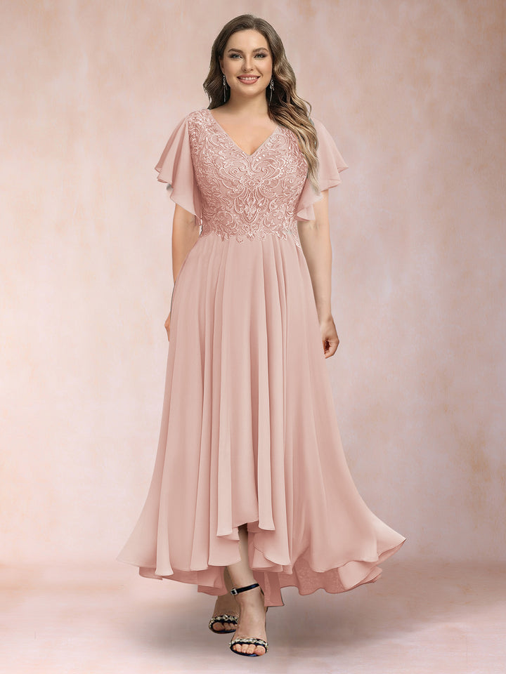 A-Line/Princess V-Neck Short Sleeves Long Plus Size Evening Dresses with Appliques