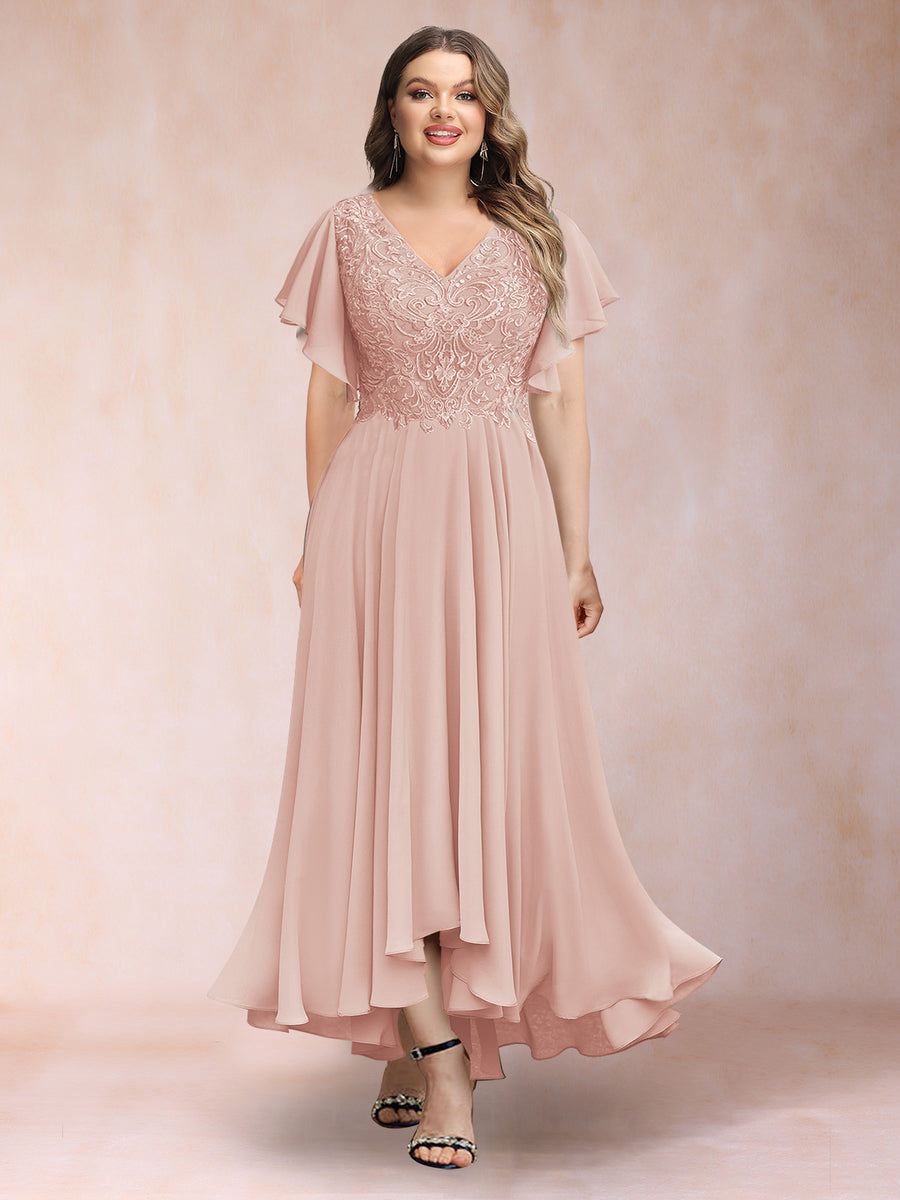 A-Line/Princess V-Neck Short Sleeves Long Plus Size Evening Dresses with Appliques
