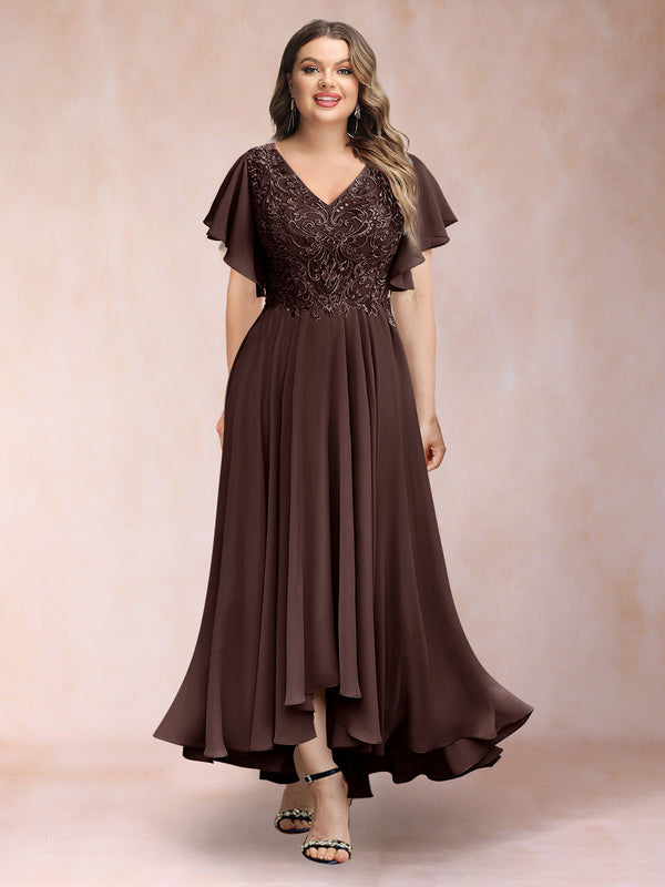 A-Line/Princess V-Neck Short Sleeves Long Plus Size Evening Dresses with Appliques