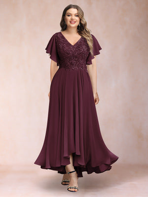 A-Line/Princess V-Neck Short Sleeves Long Plus Size Evening Dresses with Appliques