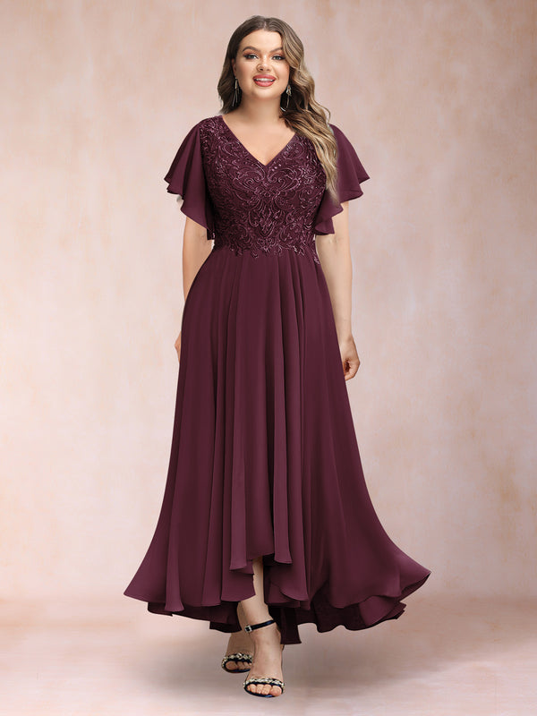 A-Line/Princess V-Neck Short Sleeves Long Plus Size Evening Dresses with Appliques