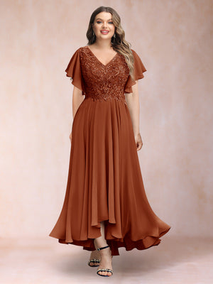 A-Line/Princess V-Neck Short Sleeves Long Plus Size Evening Dresses with Appliques