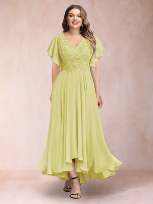 A-Line/Princess V-Neck Short Sleeves Long Plus Size Evening Dresses with Appliques