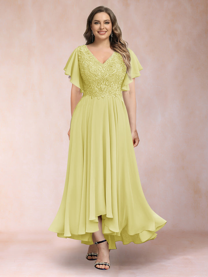 A-Line/Princess V-Neck Short Sleeves Long Plus Size Evening Dresses with Appliques