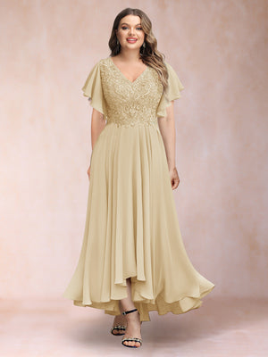 A-Line/Princess V-Neck Short Sleeves Long Plus Size Evening Dresses with Appliques