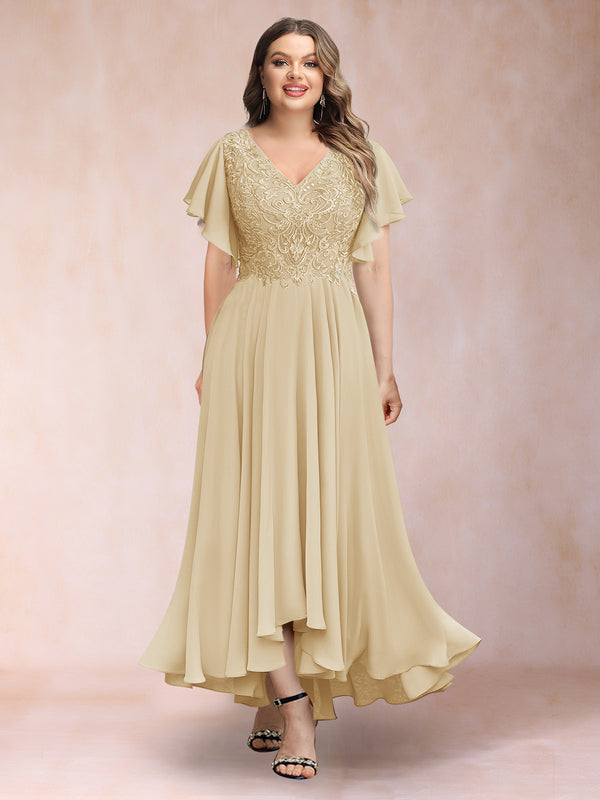 A-Line/Princess V-Neck Short Sleeves Long Plus Size Evening Dresses with Appliques