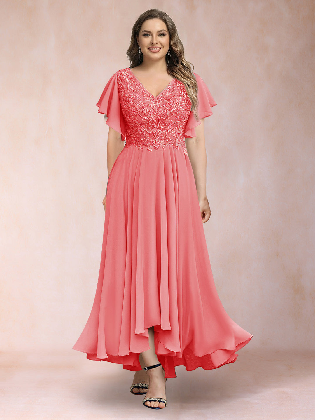 A-Line/Princess V-Neck Short Sleeves Long Plus Size Evening Dresses with Appliques