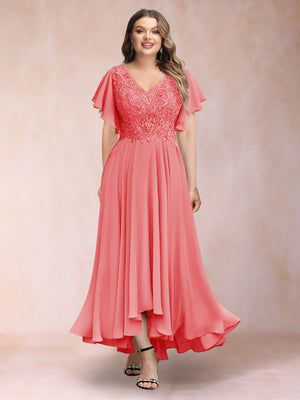 A-Line/Princess V-Neck Short Sleeves Long Plus Size Evening Dresses with Appliques