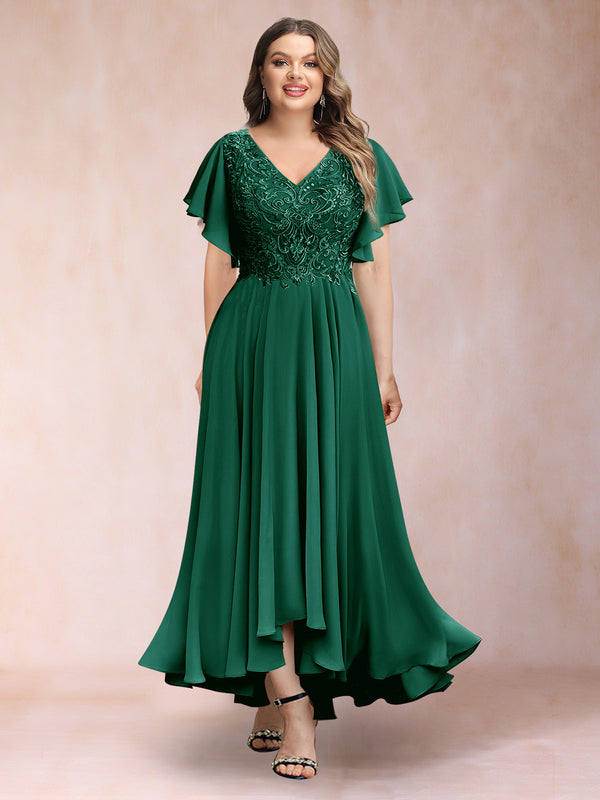 A-Line/Princess V-Neck Short Sleeves Long Plus Size Evening Dresses with Appliques