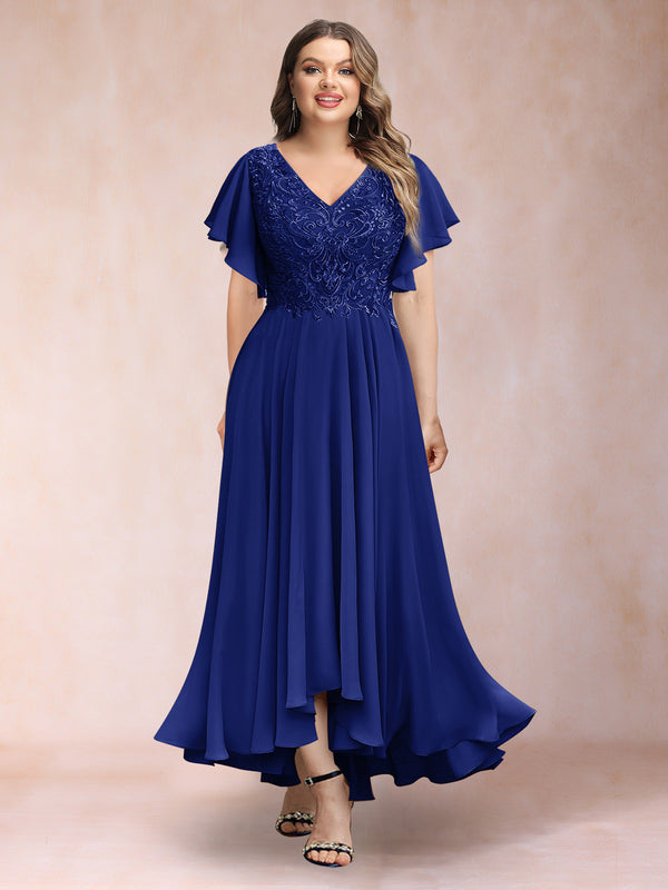 A-Line/Princess V-Neck Short Sleeves Long Plus Size Evening Dresses with Appliques