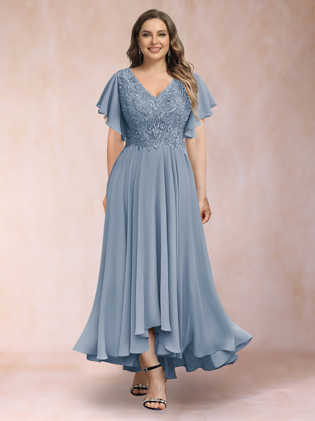 A-Line/Princess V-Neck Short Sleeves Long Plus Size Evening Dresses with Appliques