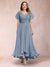 A-Line/Princess V-Neck Short Sleeves Long Plus Size Evening Dresses with Appliques