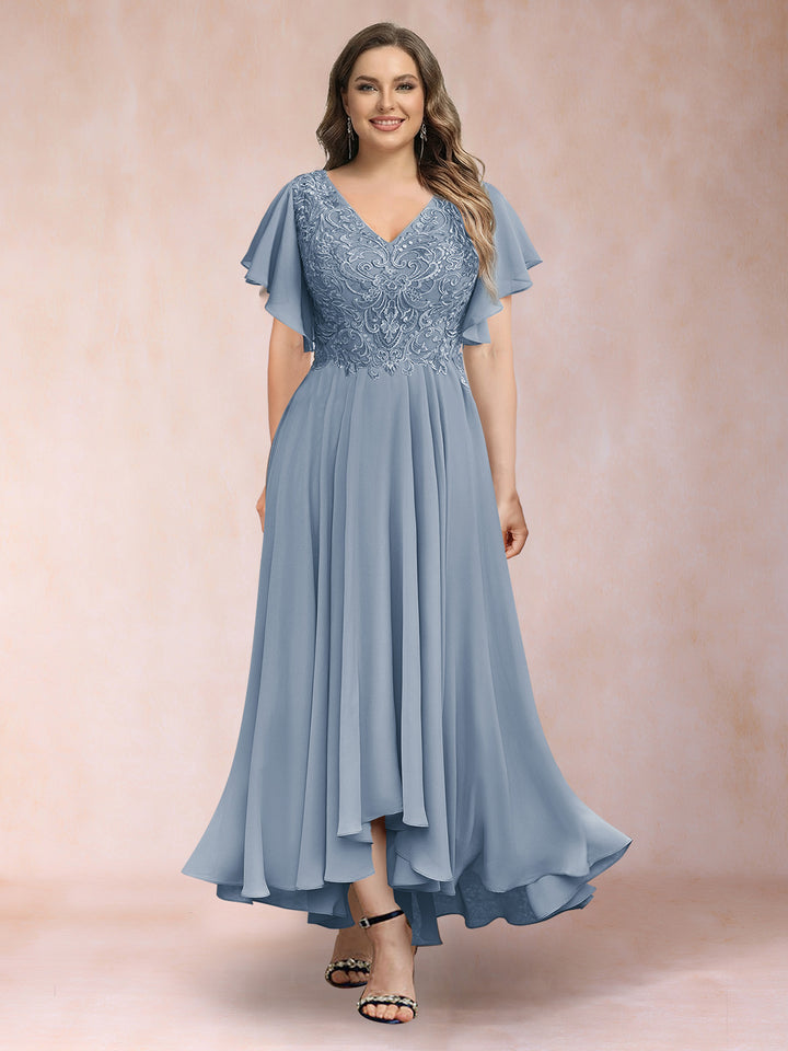 A-Line/Princess V-Neck Short Sleeves Long Plus Size Evening Dresses with Appliques