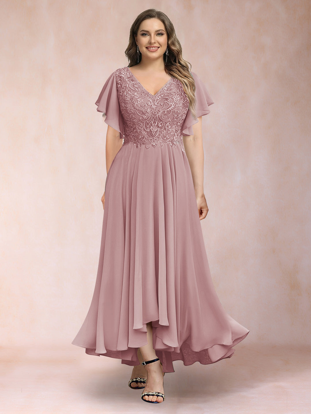A-Line/Princess V-Neck Short Sleeves Long Plus Size Evening Dresses with Appliques