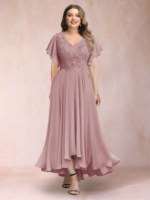 A-Line/Princess V-Neck Short Sleeves Long Plus Size Evening Dresses with Appliques