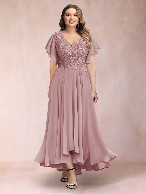 A-Line/Princess V-Neck Short Sleeves Long Plus Size Evening Dresses with Appliques