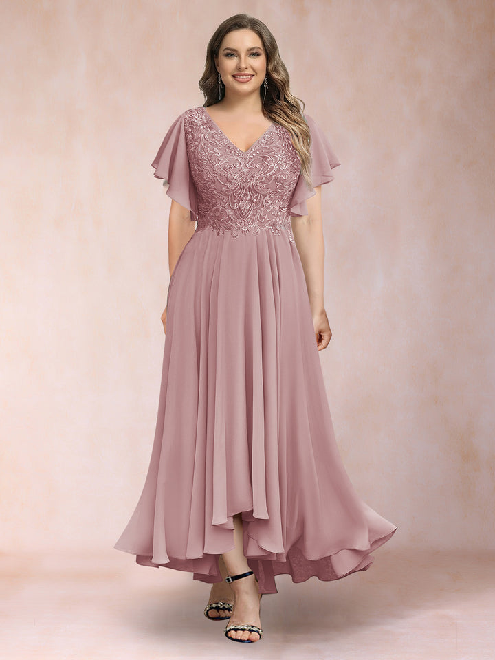 A-Line/Princess V-Neck Short Sleeves Long Plus Size Evening Dresses with Appliques