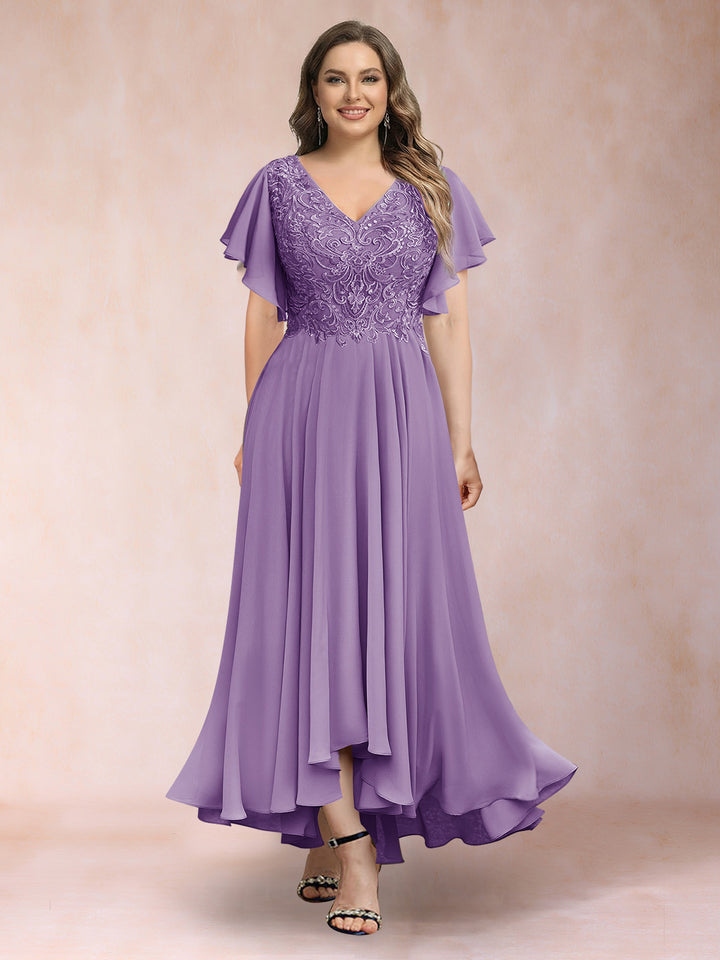 A-Line/Princess V-Neck Short Sleeves Long Plus Size Evening Dresses with Appliques