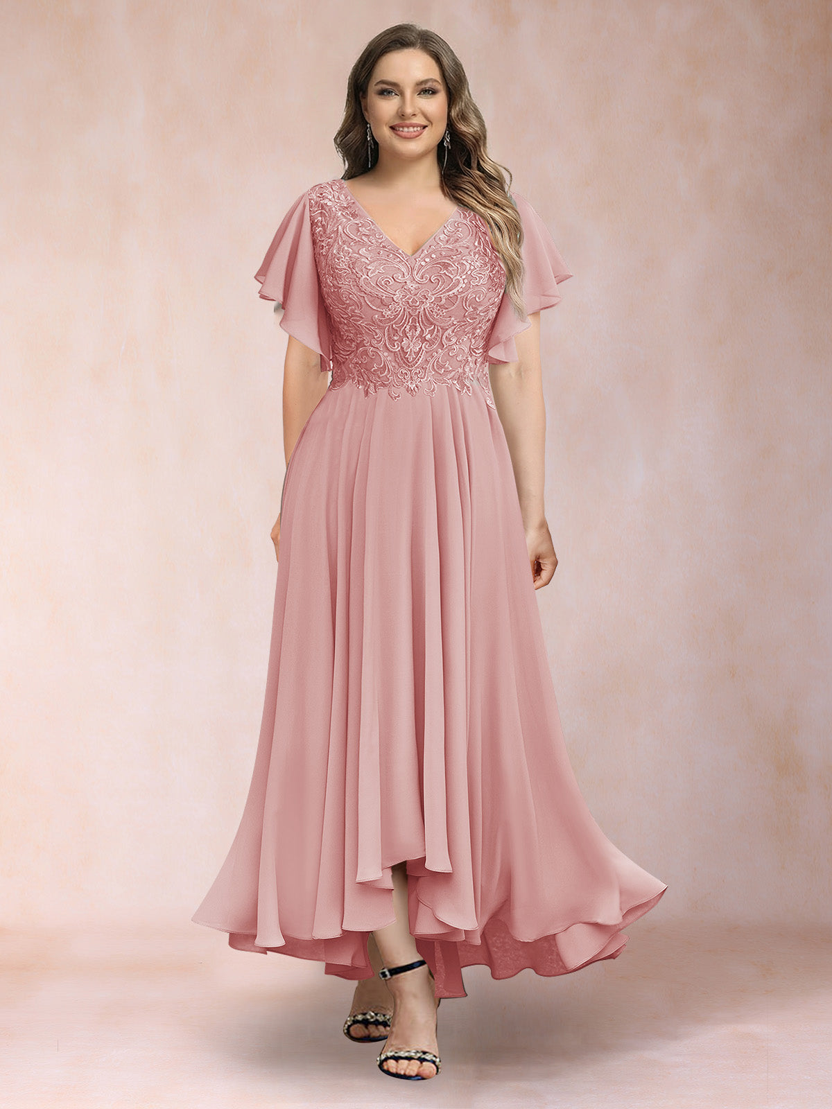 A-Line/Princess V-Neck Short Sleeves Long Plus Size Evening Dresses with Appliques