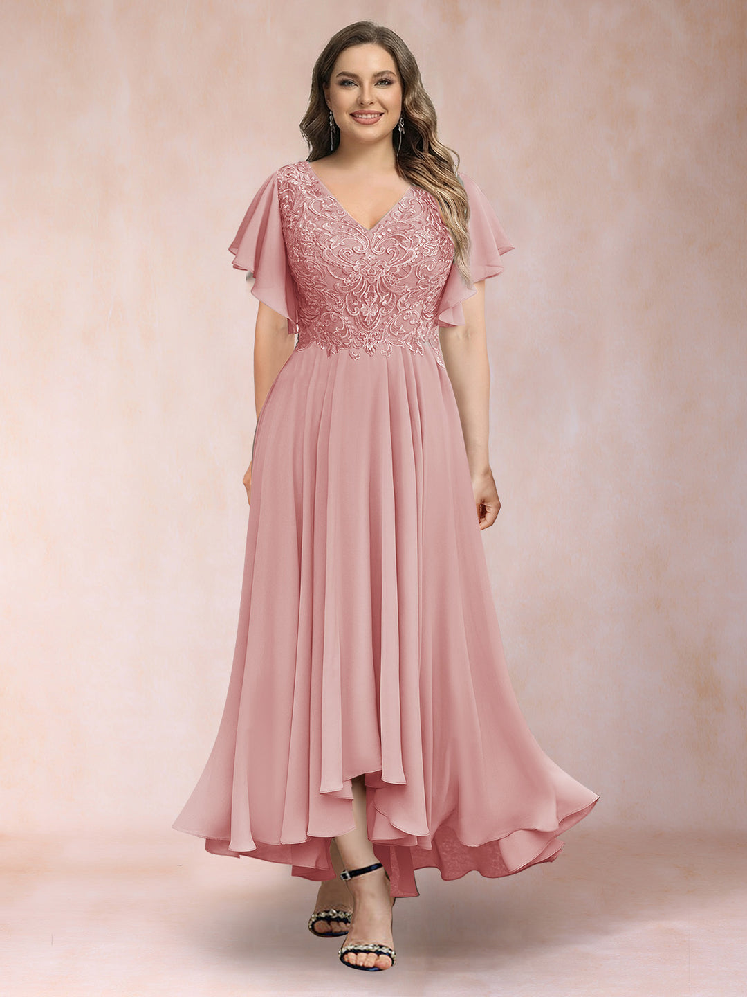 A-Line/Princess V-Neck Short Sleeves Long Plus Size Evening Dresses with Appliques