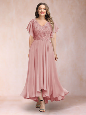 A-Line/Princess V-Neck Short Sleeves Long Plus Size Evening Dresses with Appliques