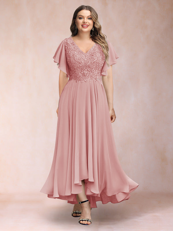A-Line/Princess V-Neck Short Sleeves Long Plus Size Evening Dresses with Appliques