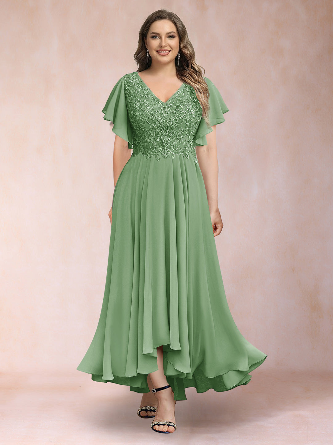 A-Line/Princess V-Neck Short Sleeves Long Plus Size Evening Dresses with Appliques