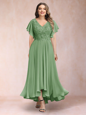 A-Line/Princess V-Neck Short Sleeves Long Plus Size Evening Dresses with Appliques