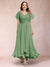 A-Line/Princess V-Neck Short Sleeves Long Plus Size Evening Dresses with Appliques
