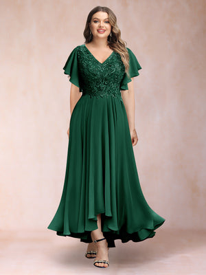 A-Line/Princess V-Neck Short Sleeves Long Plus Size Evening Dresses with Appliques