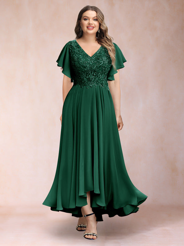 A-Line/Princess V-Neck Short Sleeves Long Plus Size Evening Dresses with Appliques