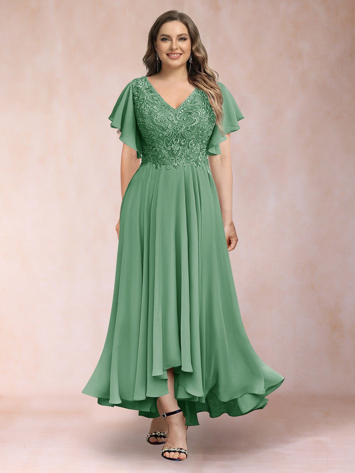 A-Line/Princess V-Neck Short Sleeves Long Plus Size Evening Dresses with Appliques