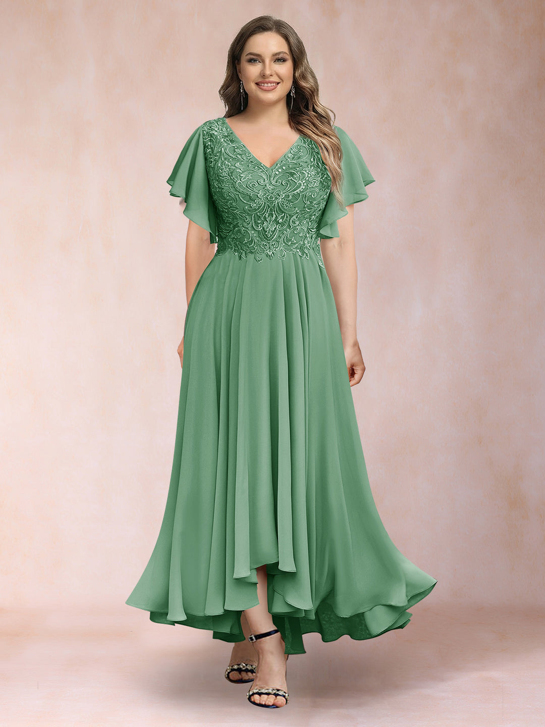 A-Line/Princess V-Neck Short Sleeves Long Plus Size Evening Dresses with Appliques