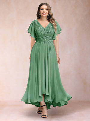 A-Line/Princess V-Neck Short Sleeves Long Plus Size Evening Dresses with Appliques