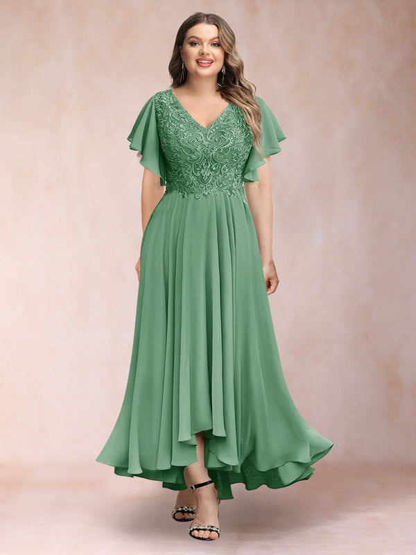 A-Line/Princess V-Neck Short Sleeves Long Plus Size Evening Dresses with Appliques