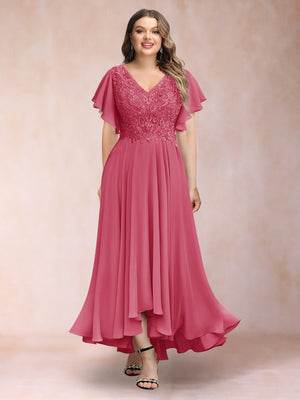 A-Line/Princess V-Neck Short Sleeves Long Plus Size Evening Dresses with Appliques