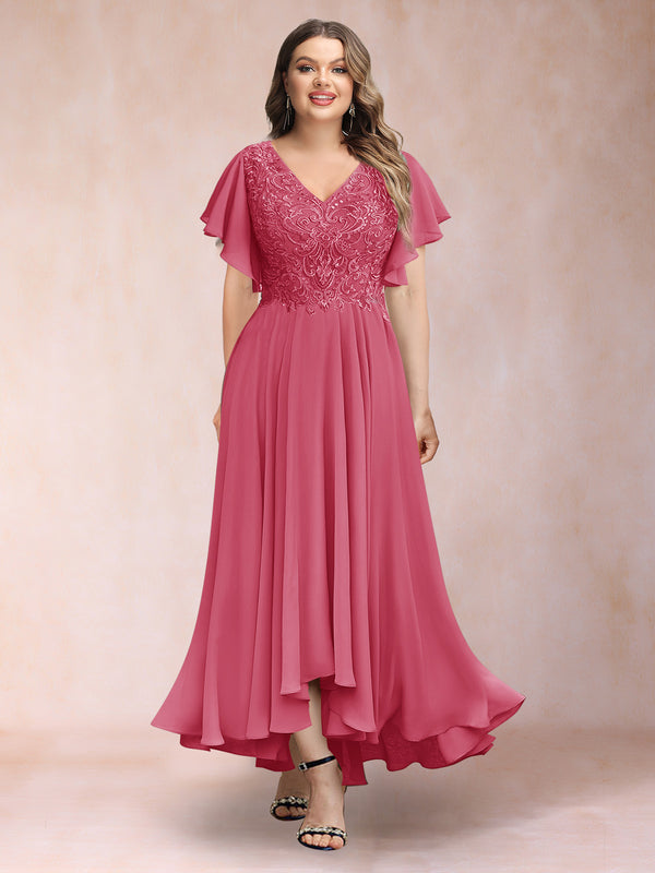 A-Line/Princess V-Neck Short Sleeves Long Plus Size Evening Dresses with Appliques
