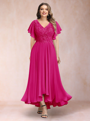 A-Line/Princess V-Neck Short Sleeves Long Plus Size Evening Dresses with Appliques