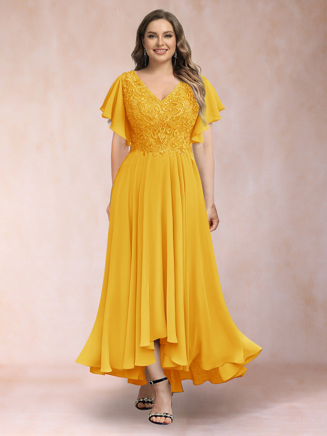 A-Line/Princess V-Neck Short Sleeves Long Plus Size Evening Dresses with Appliques