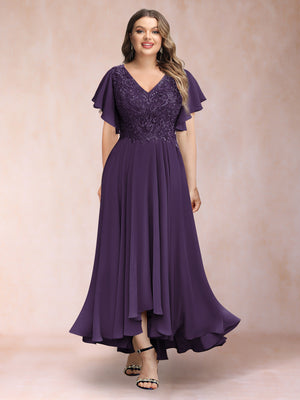 A-Line/Princess V-Neck Short Sleeves Long Plus Size Evening Dresses with Appliques