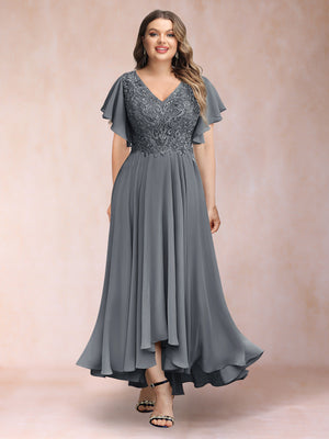 A-Line/Princess V-Neck Short Sleeves Long Plus Size Evening Dresses with Appliques