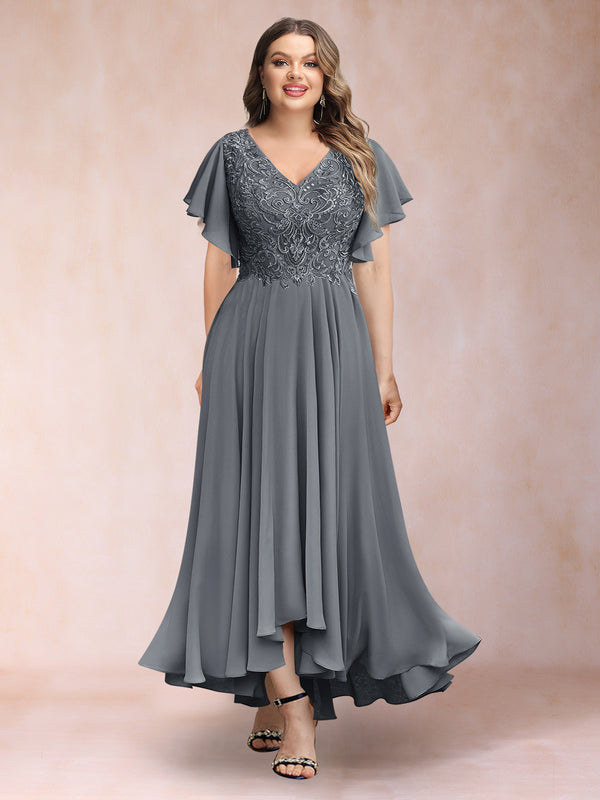 A-Line/Princess V-Neck Short Sleeves Long Plus Size Evening Dresses with Appliques