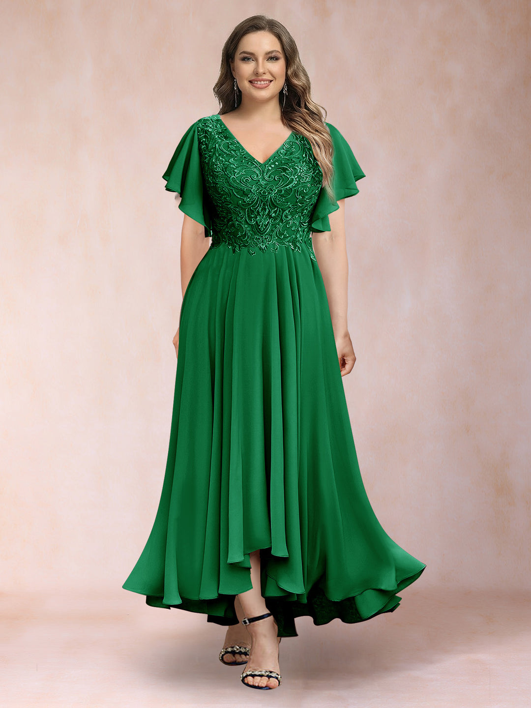 A-Line/Princess V-Neck Short Sleeves Long Plus Size Evening Dresses with Appliques