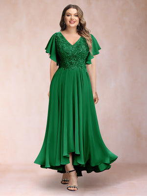 A-Line/Princess V-Neck Short Sleeves Long Plus Size Evening Dresses with Appliques