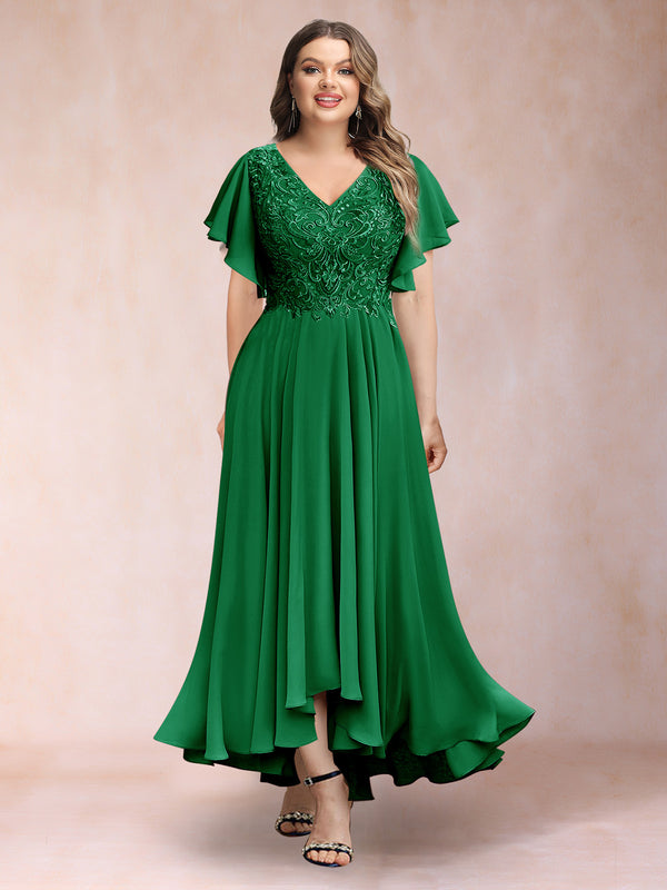 A-Line/Princess V-Neck Short Sleeves Long Plus Size Evening Dresses with Appliques