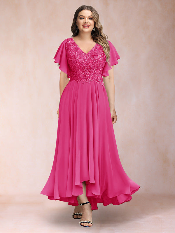 A-Line/Princess V-Neck Short Sleeves Long Plus Size Evening Dresses with Appliques