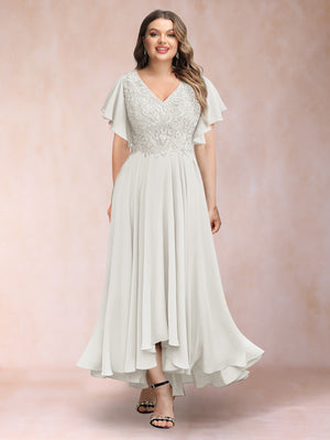 A-Line/Princess V-Neck Short Sleeves Long Plus Size Evening Dresses with Appliques