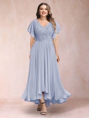 A-Line/Princess V-Neck Short Sleeves Long Plus Size Evening Dresses with Appliques